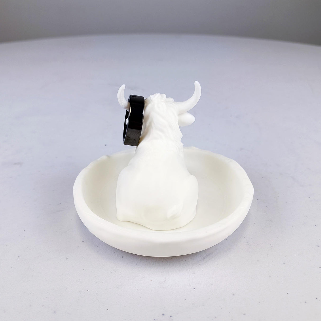 Product presentation view of 3D Printed Highland Cow Jewelry Dish.