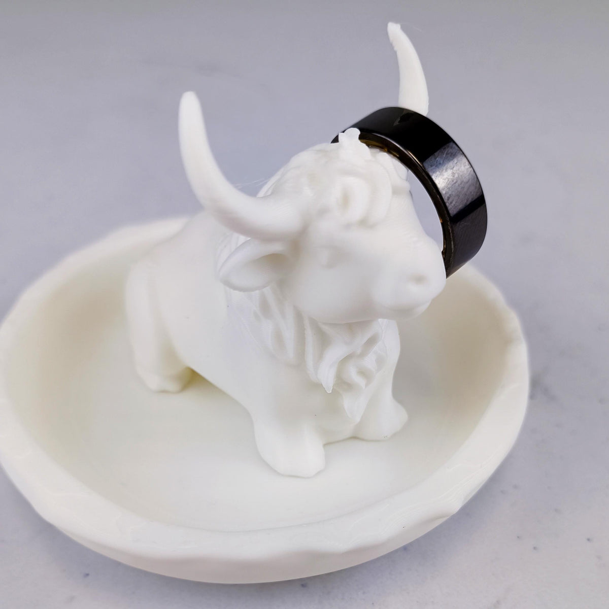Alternate product presentation of 3D Printed Highland Cow Jewelry Dish.