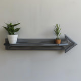 Arrow-shaped 3D printed wall shelf with a geometric ledge and small plants.