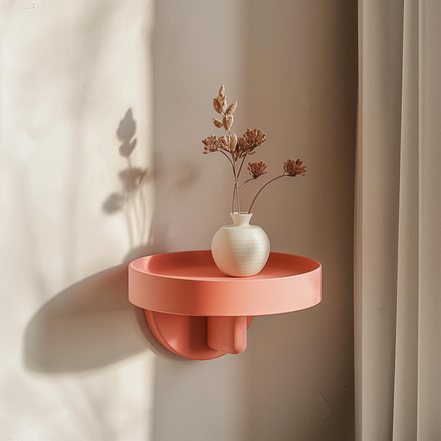Circular-frame 3D printed wall shelf with a compact ledge holding a vase.