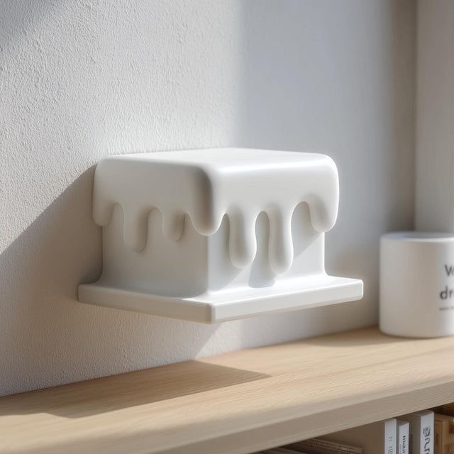 3D printed melting wall shelf with rounded dripping edges beneath a rectangular ledge.