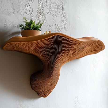 3D printed shelf-fungi wall shelf with layered gill texture and a curved display ledge.