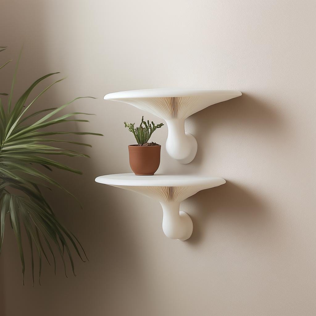 Product detail view of 3D Printed Mushroom Wall Shelves.