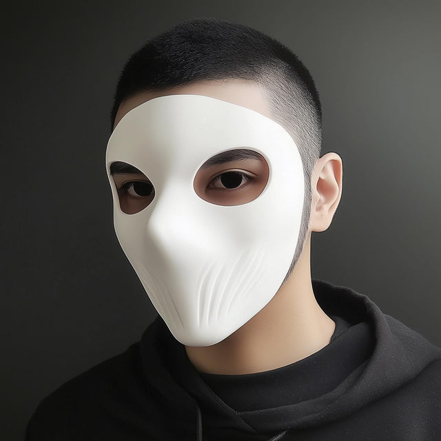 Man wearing a matte white 3D printed full-face cosplay mask with subtle contouring and wide eye cutouts.
