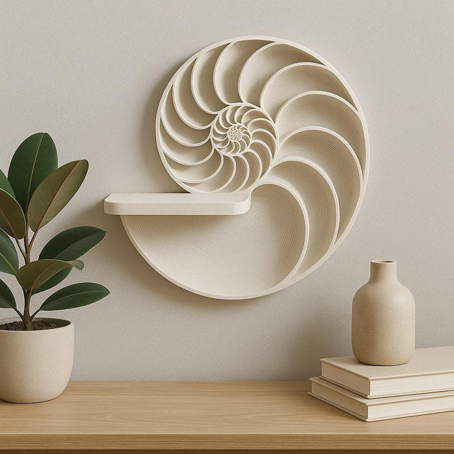 3D printed beige wall shelf inspired by a nautilus shell spiral.