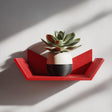 Red geometric 3D printed mini wall shelf holding a potted succulent.