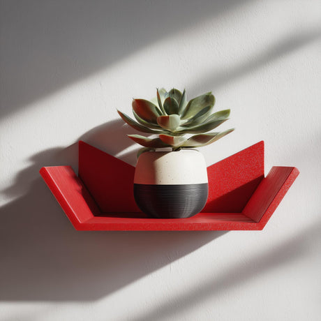 Red geometric 3D printed mini wall shelf holding a potted succulent.
