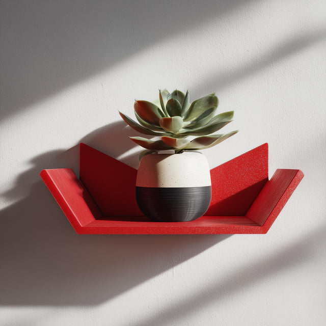 Red geometric 3D printed mini wall shelf holding a potted succulent.
