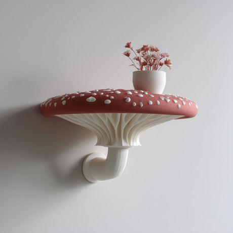 3D printed wall shelf shaped like a large red and white amanita mushroom, with sculpted gills and curved stem.