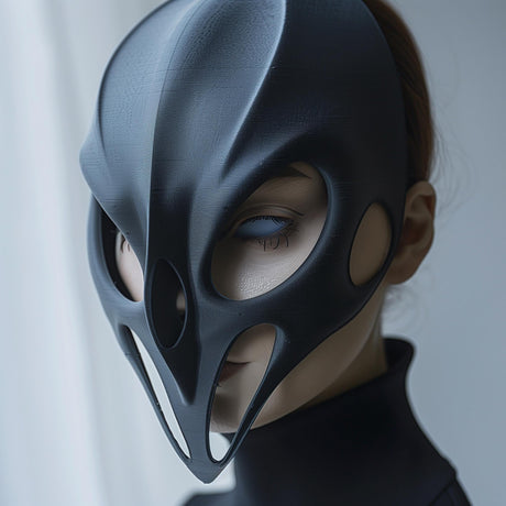 3D printed futuristic mask with gothic sculptural shape, worn by an adult model indoors.