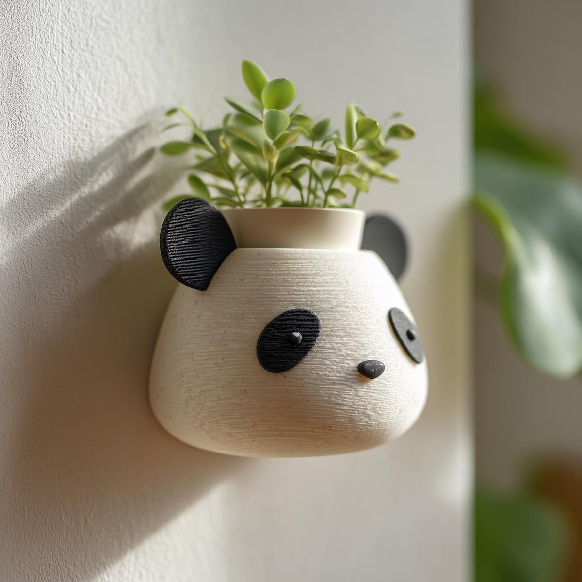 3D printed wall-mounted planter shaped like a cute panda head in matte speckled PLA.
