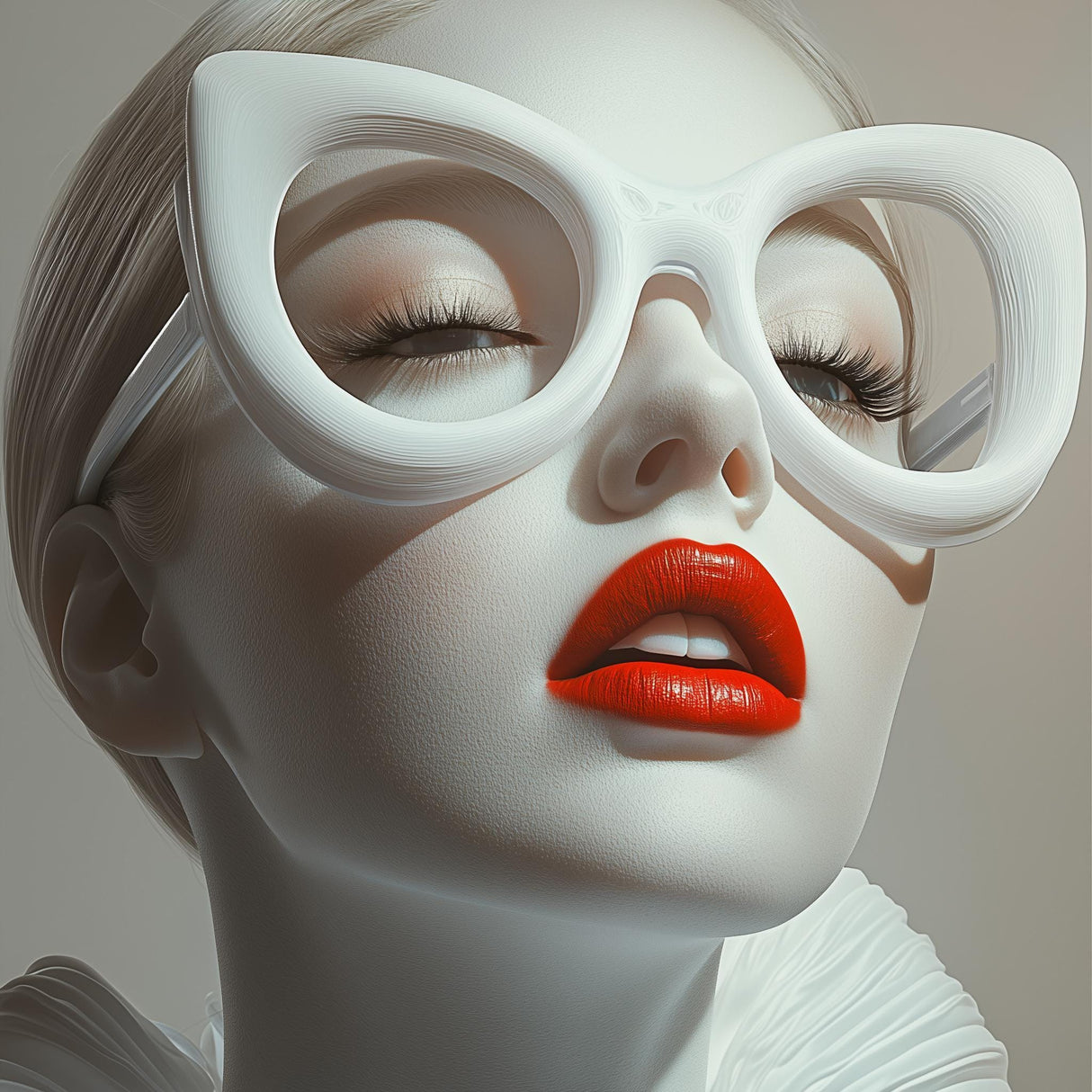 Oversized 3D printed cat-eye costume frames without lenses, shown in a statement silhouette.