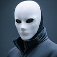 White blank 3D printed face mask with a smooth paintable surface and simple eye openings.