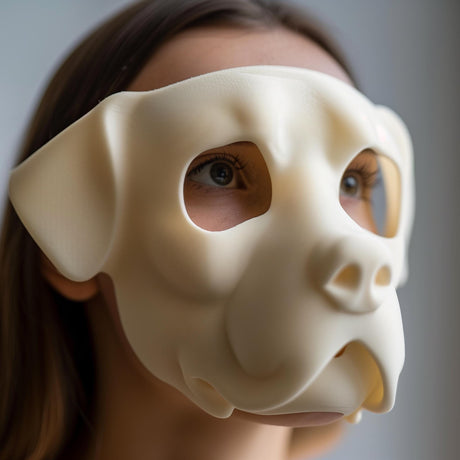 3D printed bulldog-inspired face mask with smooth minimal design, worn by an adult model indoors.