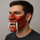 Two-color 3D printed Oni half mask with contrasting fangs and a fierce demon expression.