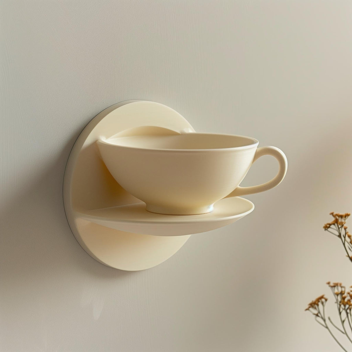 3D printed wall shelf shaped like a teacup and saucer.
