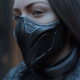 3D printed cyberpunk face mask with angular ventilation openings and futuristic armor styling.