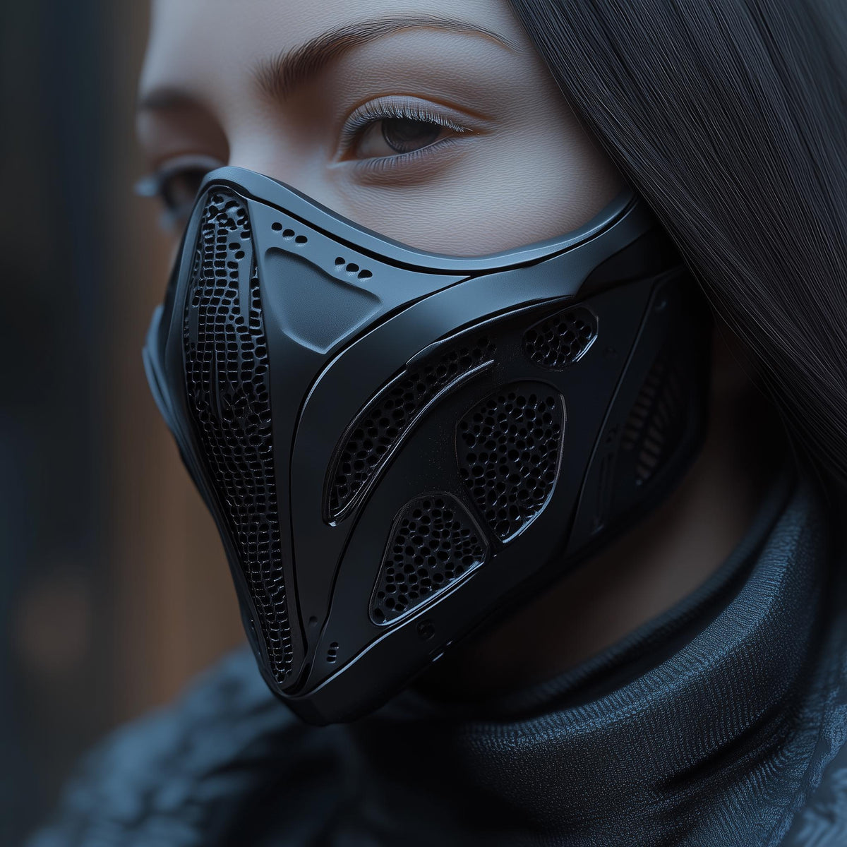 3D printed cyberpunk face mask with angular ventilation openings and futuristic armor styling.