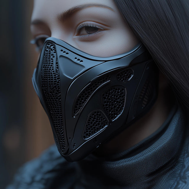 3D printed cyberpunk face mask with angular ventilation openings and futuristic armor styling.