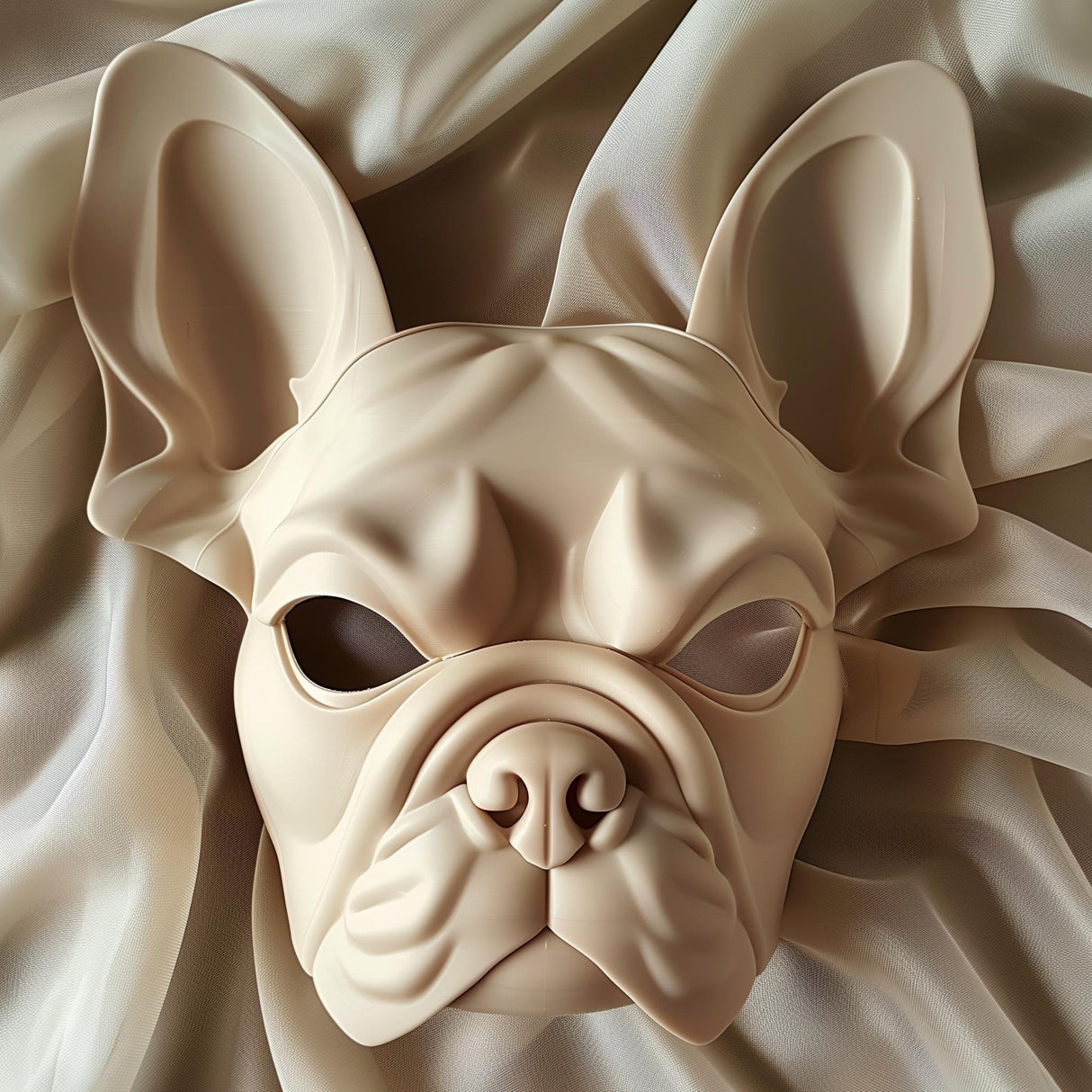 3D printed French bulldog mask made of matte beige PLA plastic, displayed on soft fabric background.