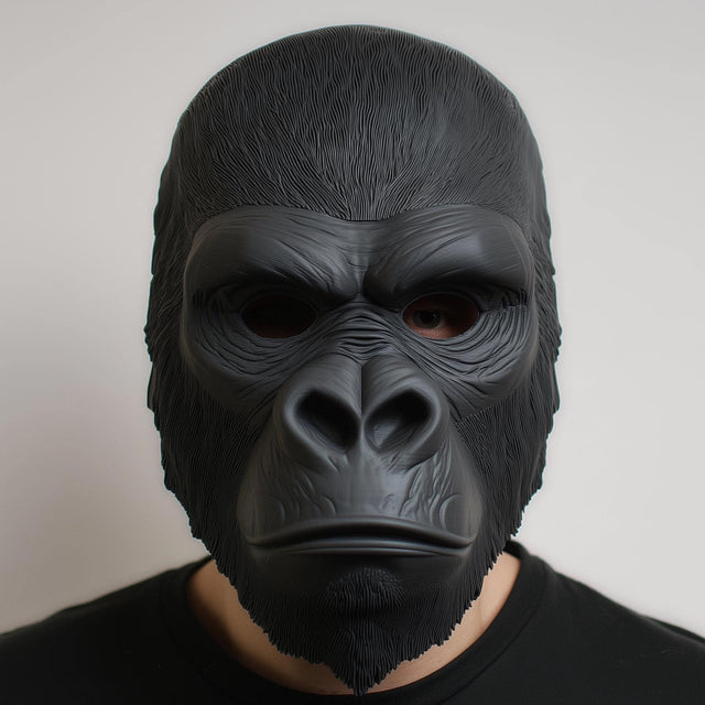 A close-up view of a realistic 3D printed black gorilla mask worn by a person.