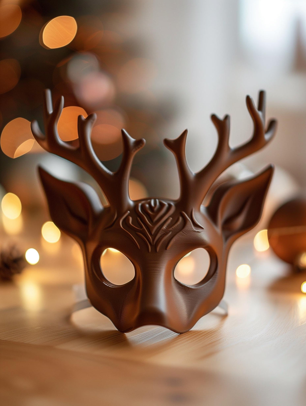 3D printed deer mask with stylized antlers placed on a wooden table near a Christmas tree and golden ornaments.