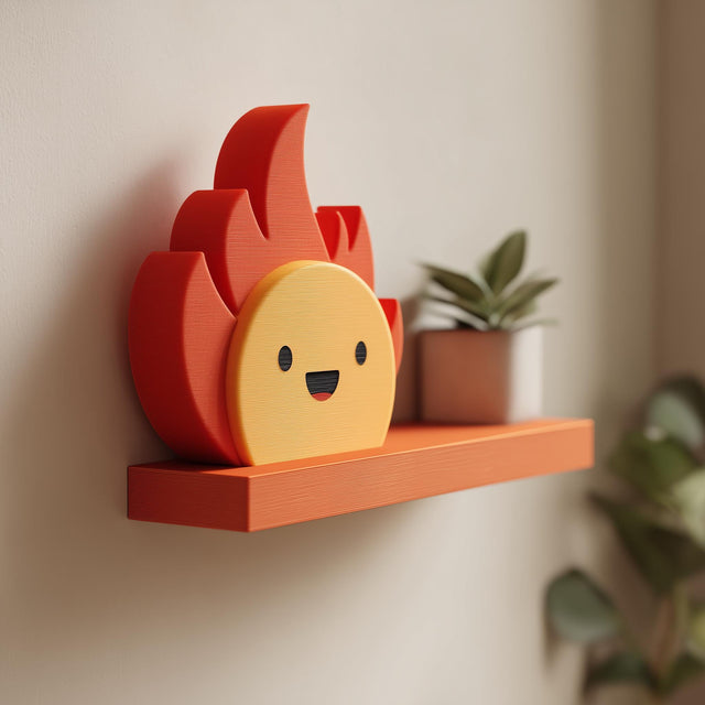 3D printed wall shelf with a flat ledge and attached smiling flame character made of matte PLA plastic.