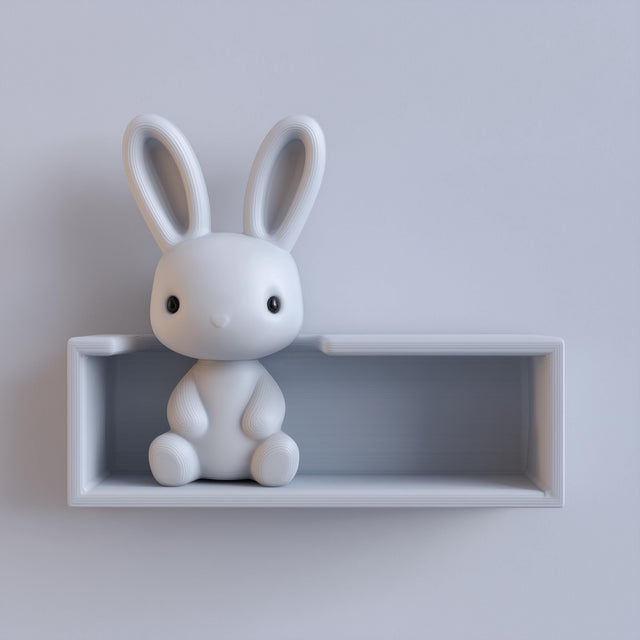 3D printed matte PLA wall shelf with an integrated sitting bunny figure and a recessed ledge space.