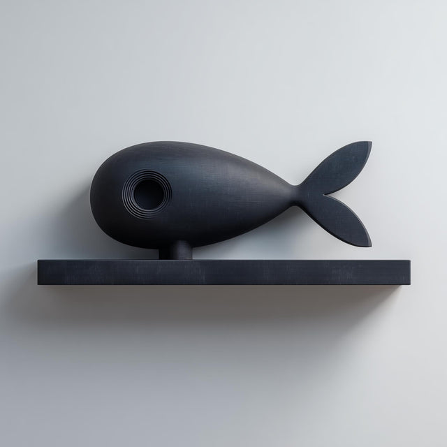 3D printed matte PLA wall shelf with a stylized fish figure resting on a slim rectangular ledge.