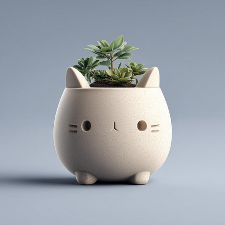 Cute 3D printed matte PLA cat-shaped planter with a rounded body and tiny feet.