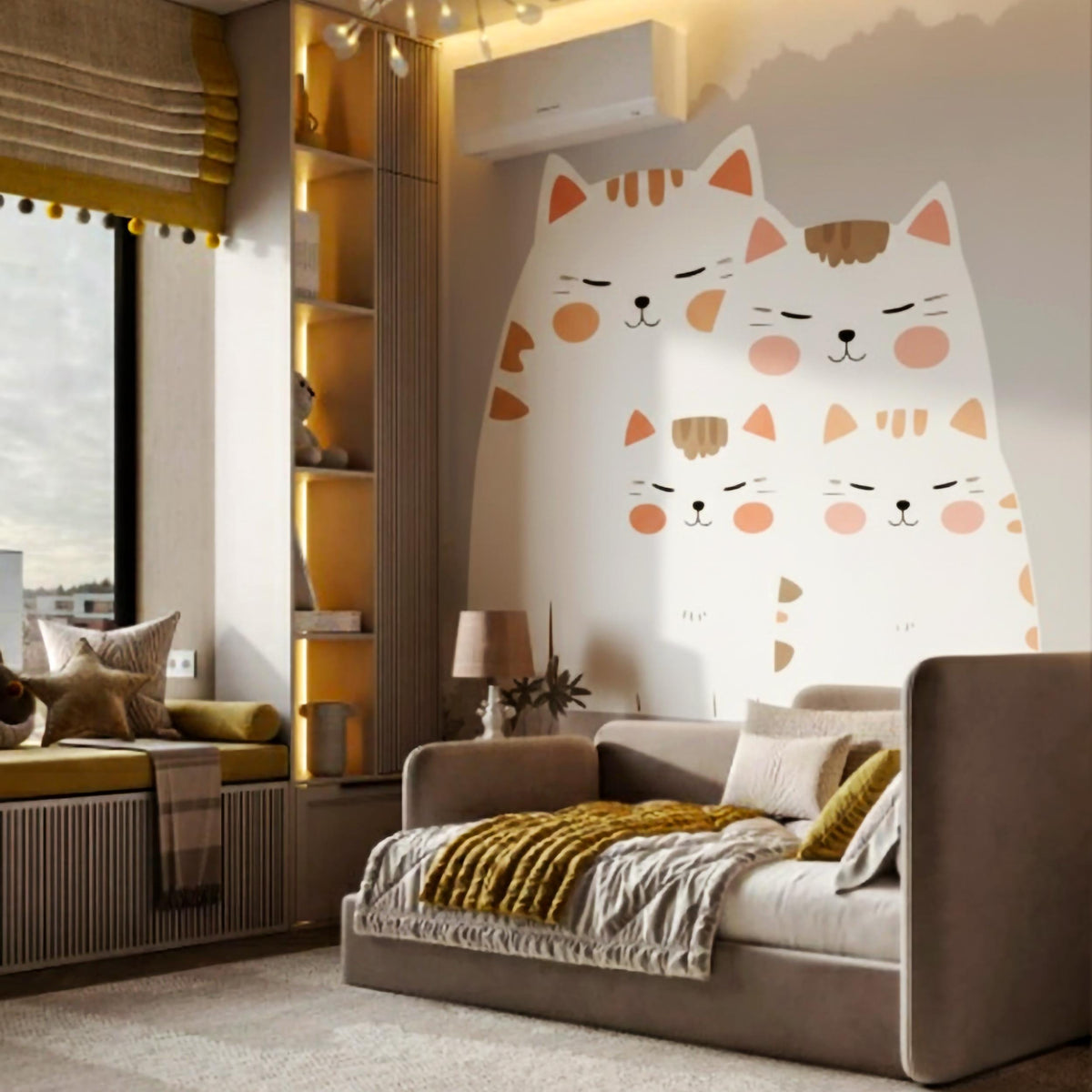 Large wall decal featuring a family of four cute stylized cats in cream and orange tones.