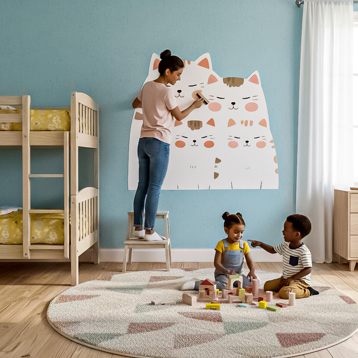 Cute Cat Family Wall Decal displayed in a room setting.