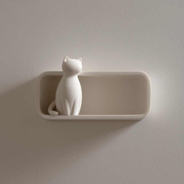 3D printed wall shelf with a slim rounded tray and a minimalist sitting cat figure at one end.