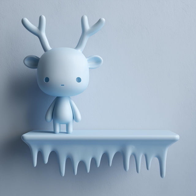 3D printed wall shelf with a smooth icicle-edge ledge and a small antlered character standing on top.