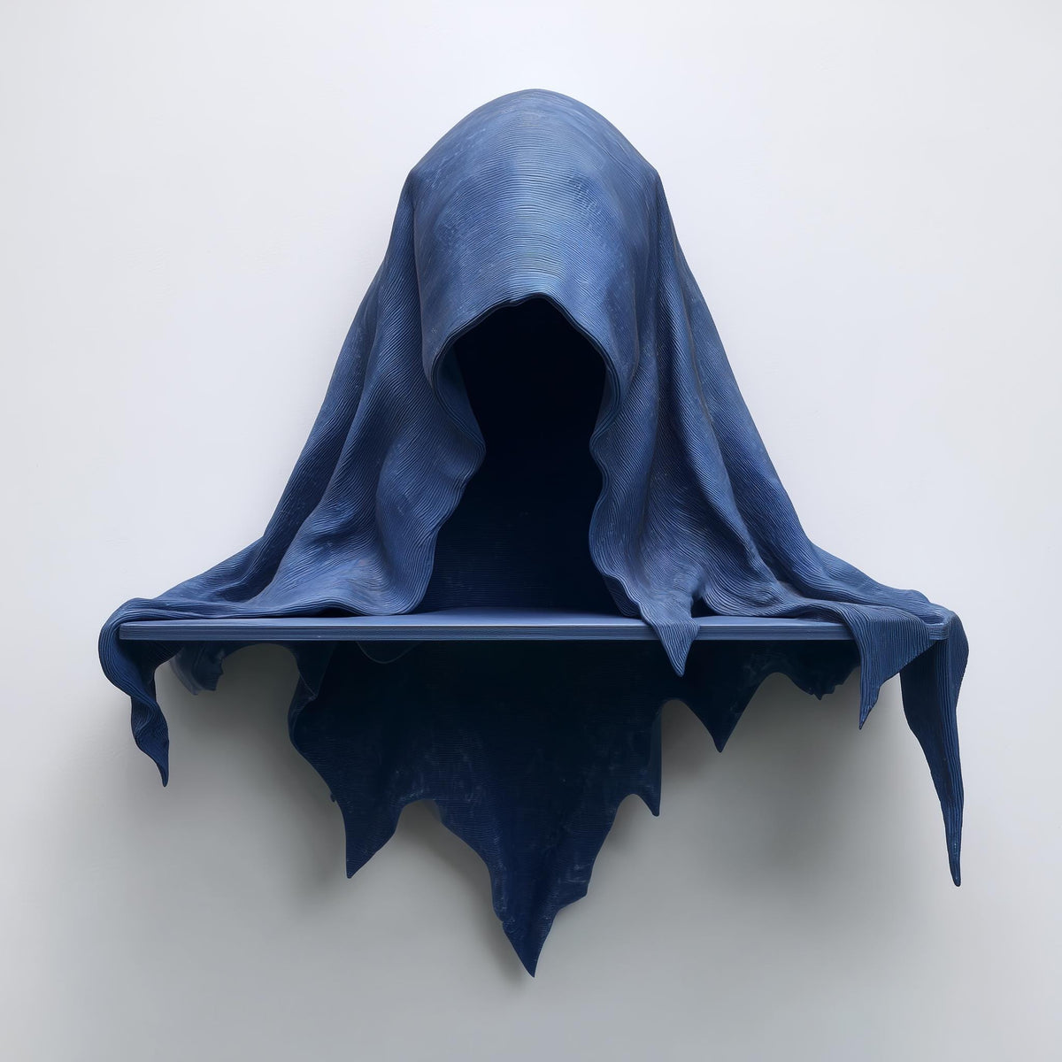 3D printed matte PLA wall shelf shaped like a hooded cloaked wraith with a small straight ledge.