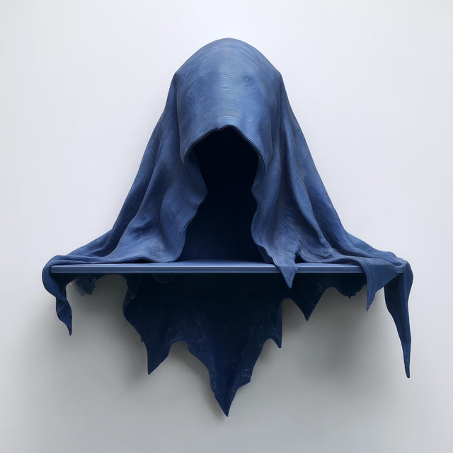 3D printed matte PLA wall shelf shaped like a hooded cloaked wraith with a small straight ledge.