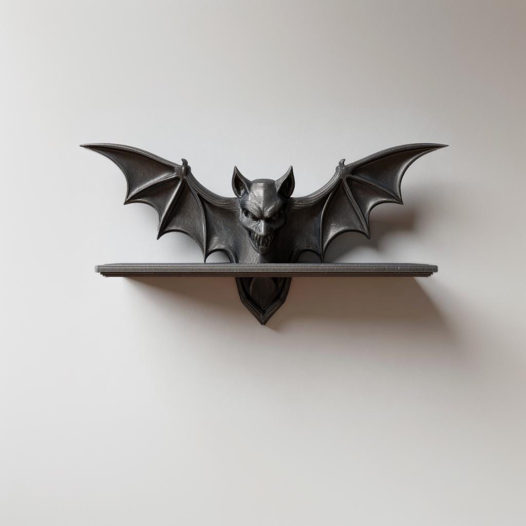 Product gallery view of 3D Printed Gothic Bat Wall Shelf.