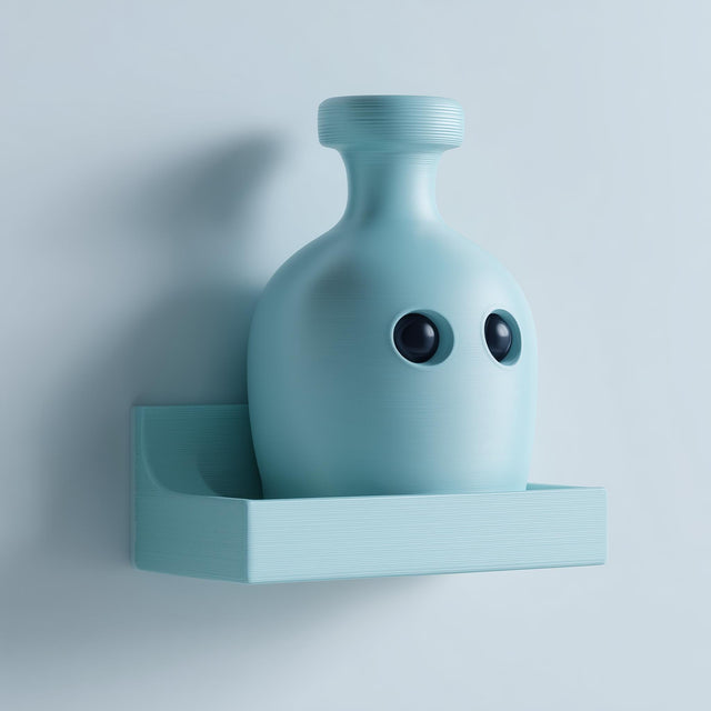 Cute 3D printed matte PLA wall shelf with an integrated kawaii potion bottle character, in soft pastel blue.
