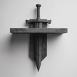 3D printed gothic wall shelf with a stone-like sword passing vertically through a flat shelf.