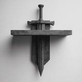3D printed gothic wall shelf with a stone-like sword passing vertically through a flat shelf.