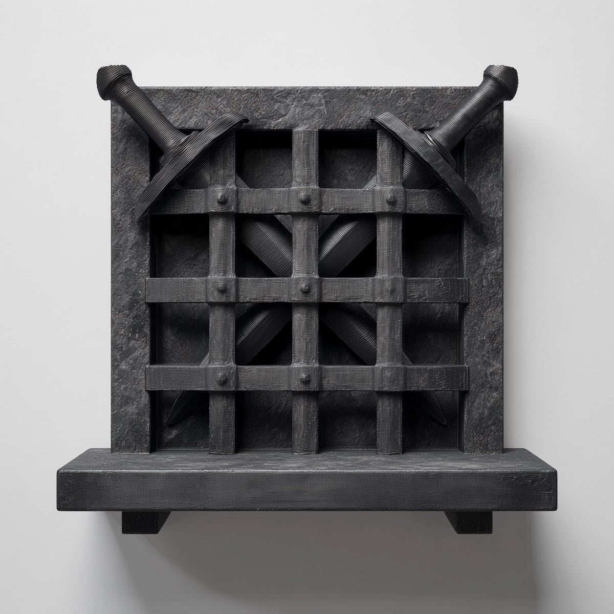 3D printed wall shelf with a medieval grid panel and two removable decorative swords stored behind the barred gate.