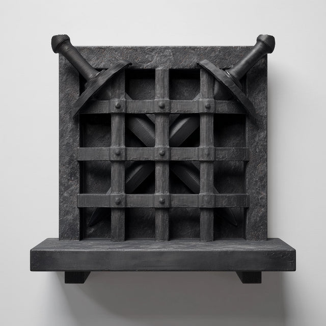 3D printed wall shelf with a medieval grid panel and two removable decorative swords stored behind the barred gate.