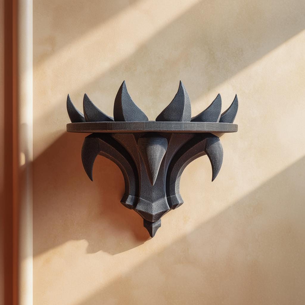 Product gallery view of 3D Printed Gothic Flame Wall Shelf.