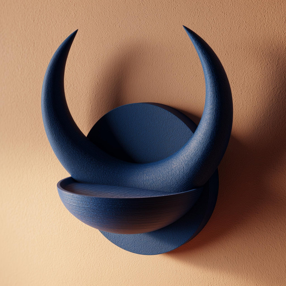 3D printed matte PLA wall shelf shaped like a round plaque with two large crescent horns forming a small bowl.