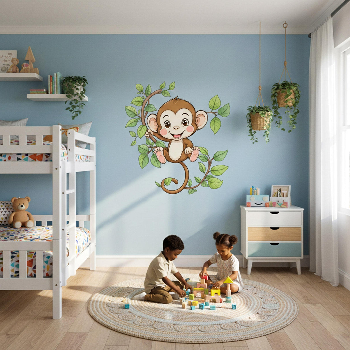 A cheerful cartoon monkey with brown fur and rosy cheeks smiling while hanging from a leafy green vine.