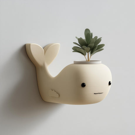 3D printed matte PLA wall-mounted whale-shaped planter with a small plant growing from an opening in the top.