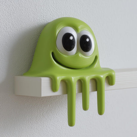 3D printed slime monster shelf sitter with a dripping body positioned on the edge of a shelf.