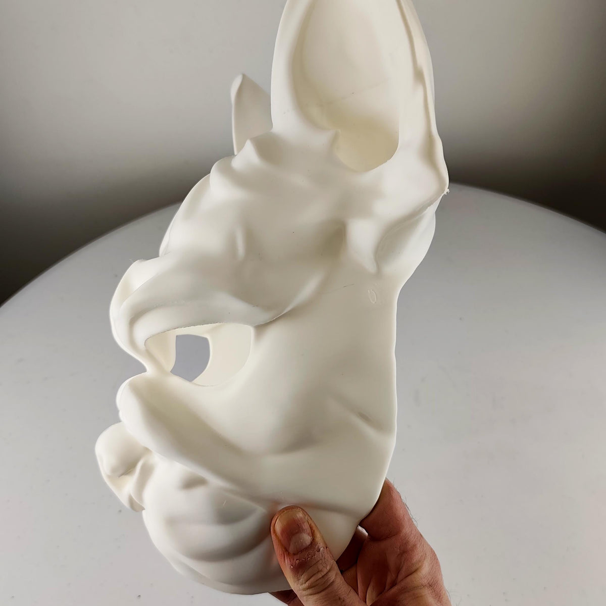 Product presentation view of 3D Printed French Bulldog Costume Mask.