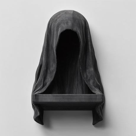 3D printed matte black wall shelf shaped like a hooded cloaked figure with a dark empty face and a small ledge at the bottom.