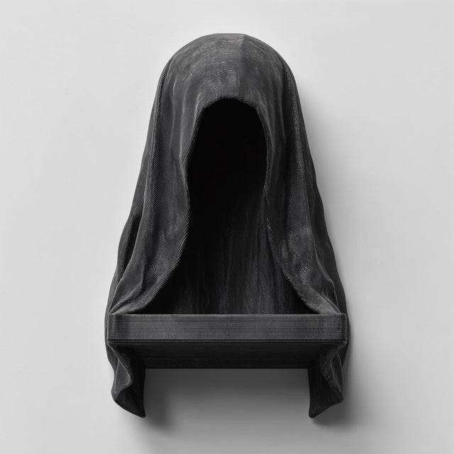 3D printed matte black wall shelf shaped like a hooded cloaked figure with a dark empty face and a small ledge at the bottom.